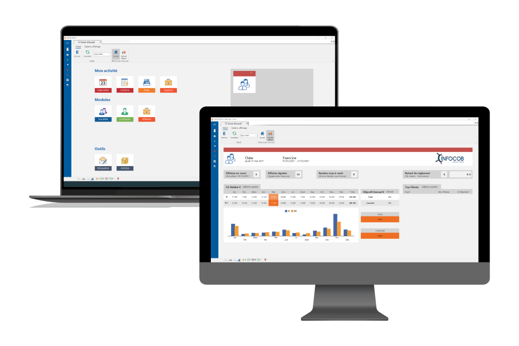 tableau de bord et écran d'accueil du logiciel CRM Infocob 20.