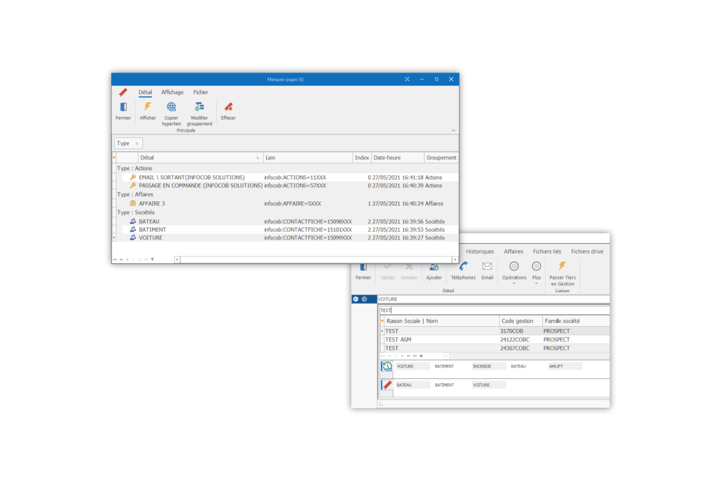 historique de navigation et favoris du logiciel CRM Infocob 20.